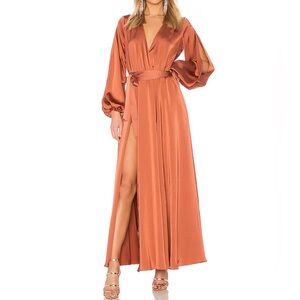 Michael Costello x Revolve Rust Satin Plunge Maxi Dress Slit Open Sleeve Size M